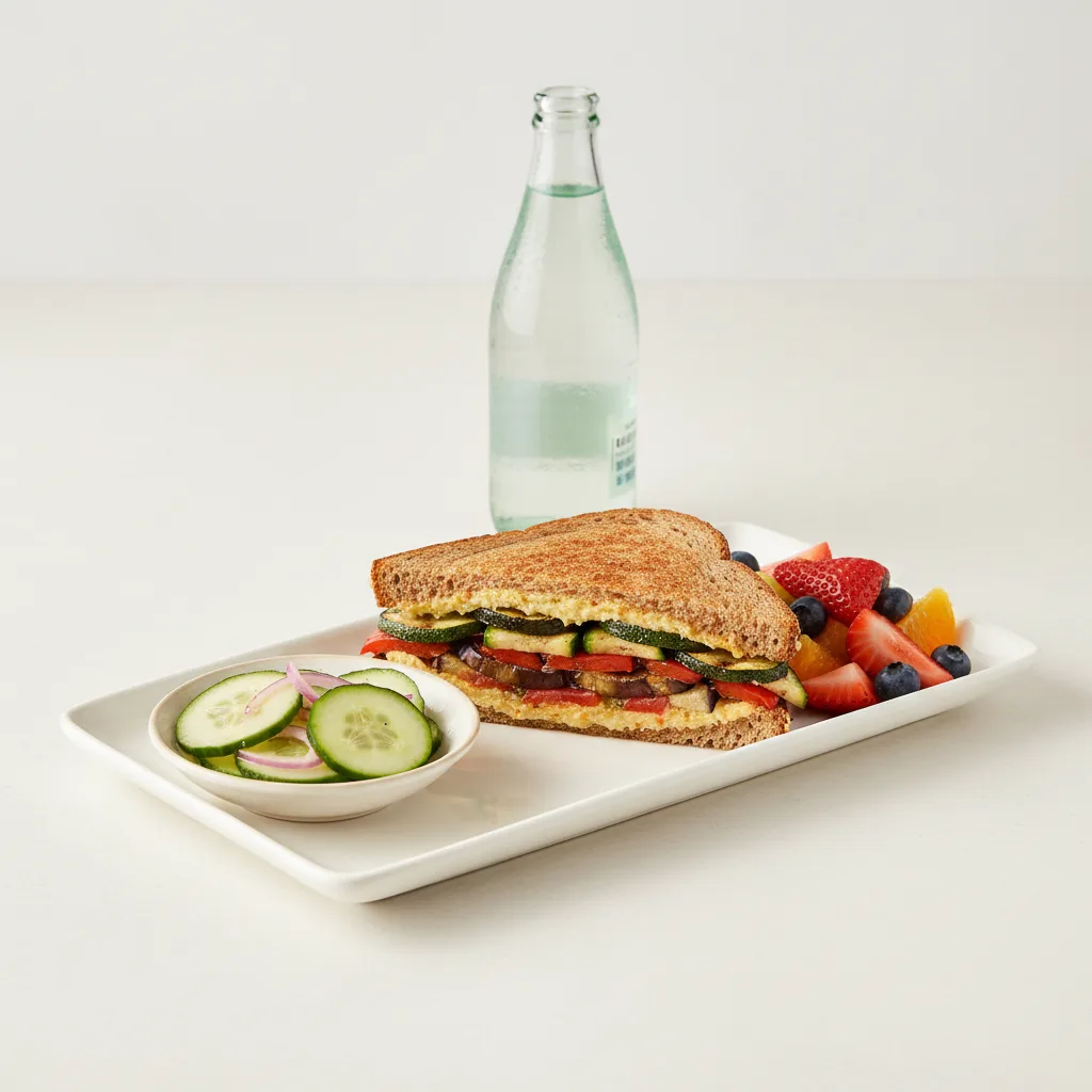 Grilled Vegetable Sandwich, Cucumber Salad, Fruit, Sparkling Water Grilled Vegetable Sandwich, Cucumber Salad, Fruit, Sparkling Water
