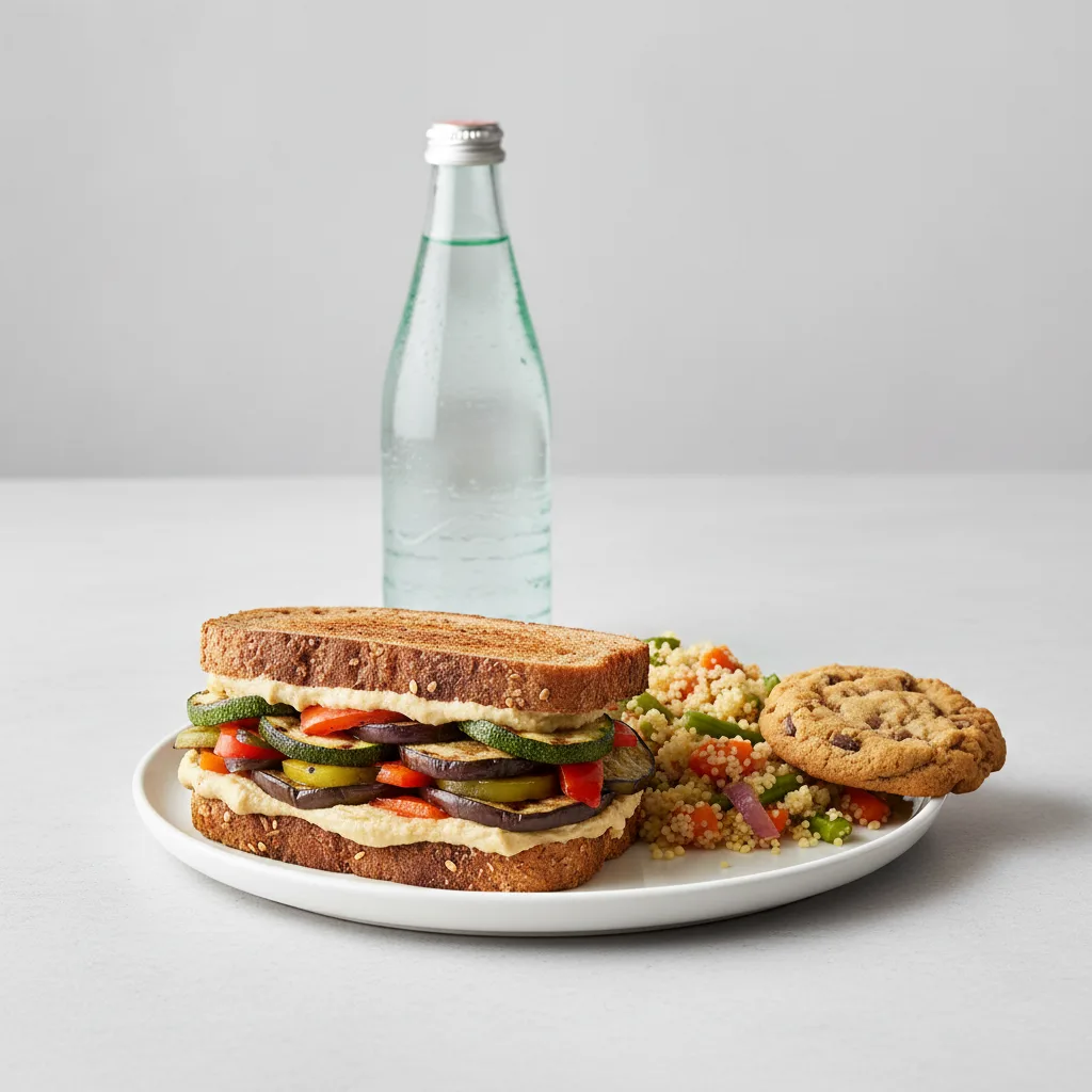 Grilled Vegetable and Hummus Sandwich, Couscous, Cookie, Sparkling Water Grilled Vegetable and Hummus Sandwich, Couscous, Cookie, Sparkling Water