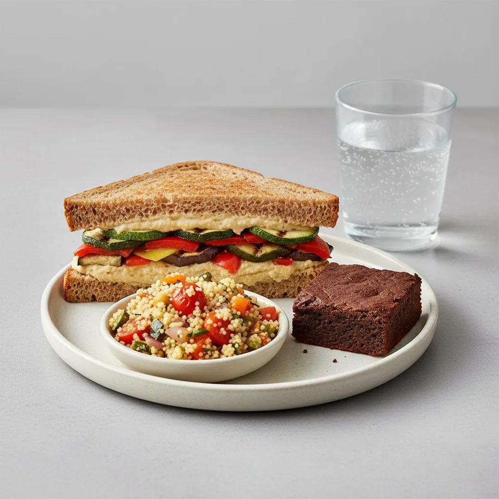 Grilled Vegetable and Hummus Sandwich, Couscous, Brownie, Sparkling Water Grilled Vegetable and Hummus Sandwich, Couscous, Brownie, Sparkling Water