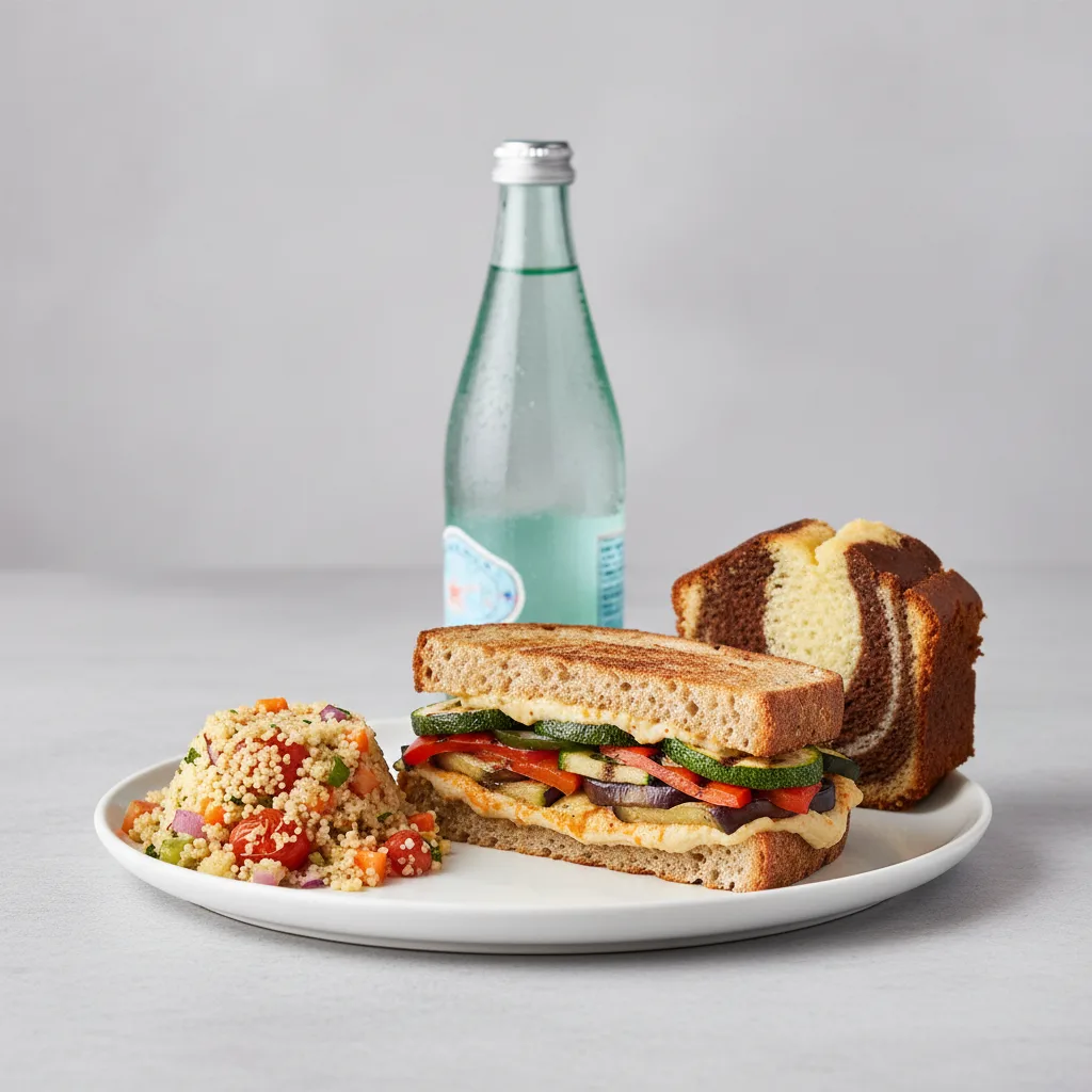 Grilled Vegetable and Hummus Sandwich, Couscous, Poundcake, Sparkling Water Grilled Vegetable and Hummus Sandwich, Couscous, Poundcake, Sparkling Water