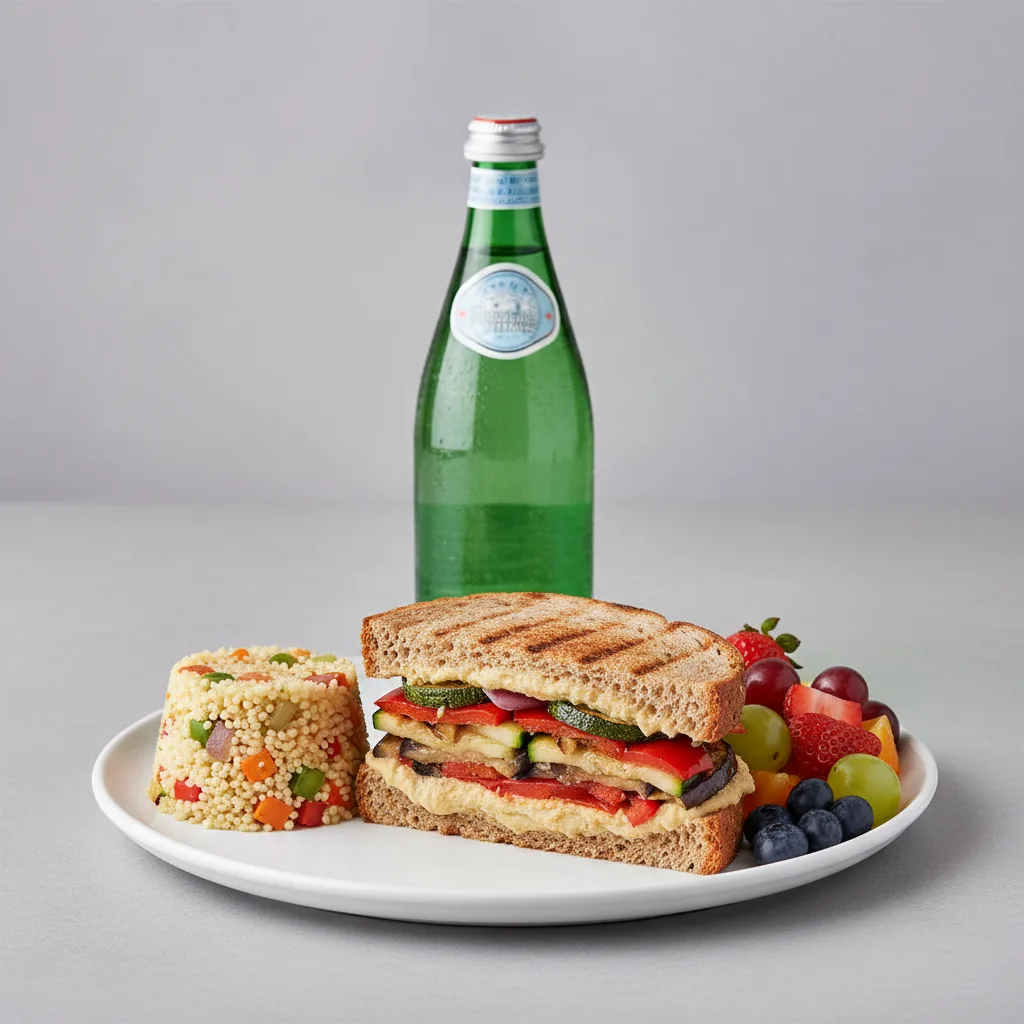 Grilled Vegetable and Hummus Sandwich, Couscous, Fruit, Sparkling Water Grilled Vegetable and Hummus Sandwich, Couscous, Fruit, Sparkling Water