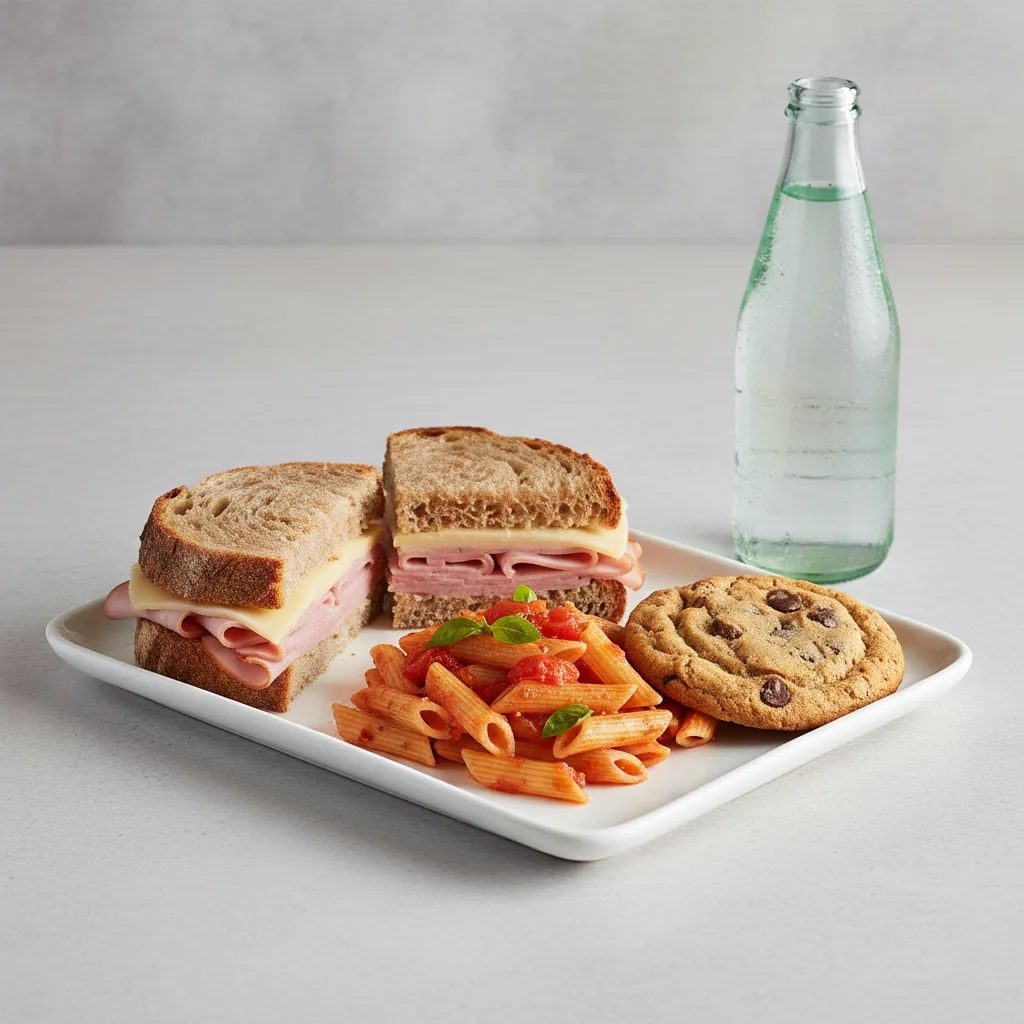 Ham and Cheese Sandwich, Tomato Basil Penne, Cookie, Sparkling Water Ham and Cheese Sandwich, Tomato Basil Penne, Cookie, Sparkling Water