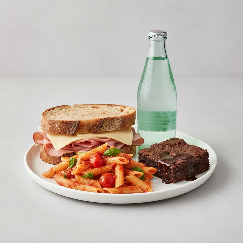 Ham and Cheese Sandwich, Tomato Basil Penne, Brownie, Sparkling Water Ham and Cheese Sandwich, Tomato Basil Penne, Brownie, Sparkling Water