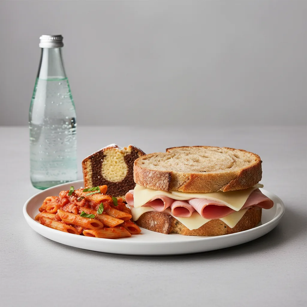 Ham and Cheese Sandwich, Tomato Basil Penne, Poundcake, Sparkling Water Ham and Cheese Sandwich, Tomato Basil Penne, Poundcake, Sparkling Water