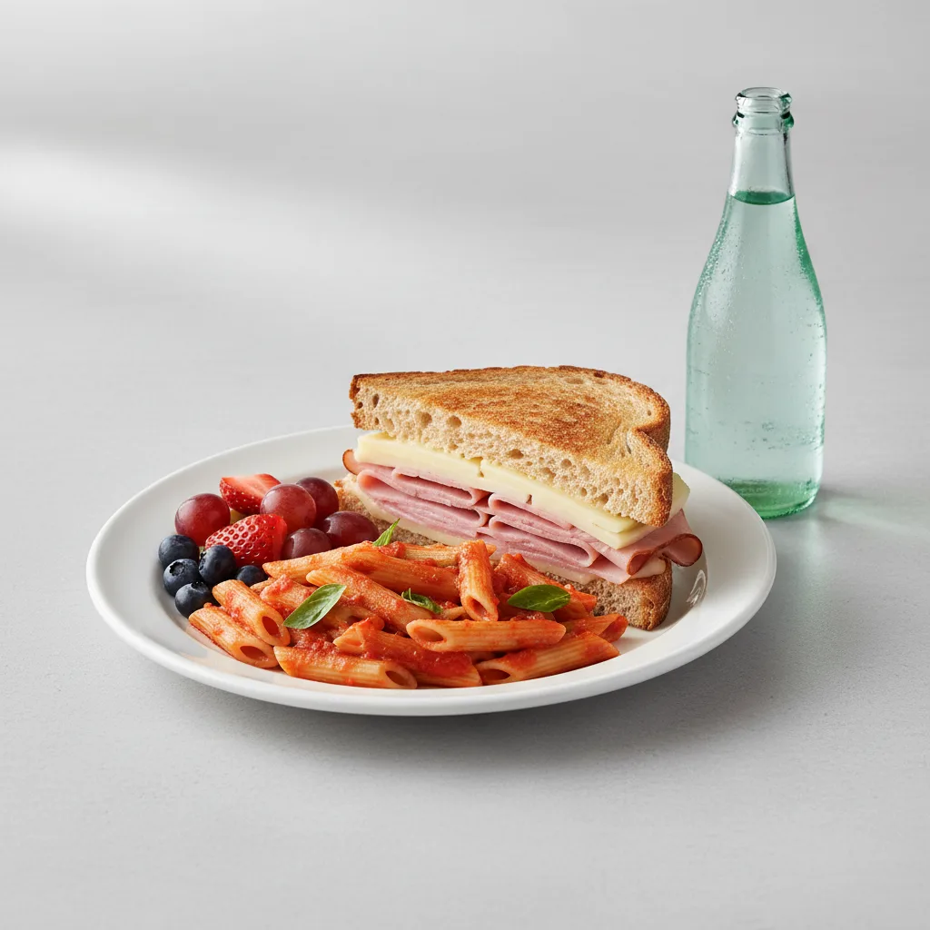 Ham and Cheese Sandwich, Tomato Basil Penne, Fruit, Sparkling Water Ham and Cheese Sandwich, Tomato Basil Penne, Fruit, Sparkling Water