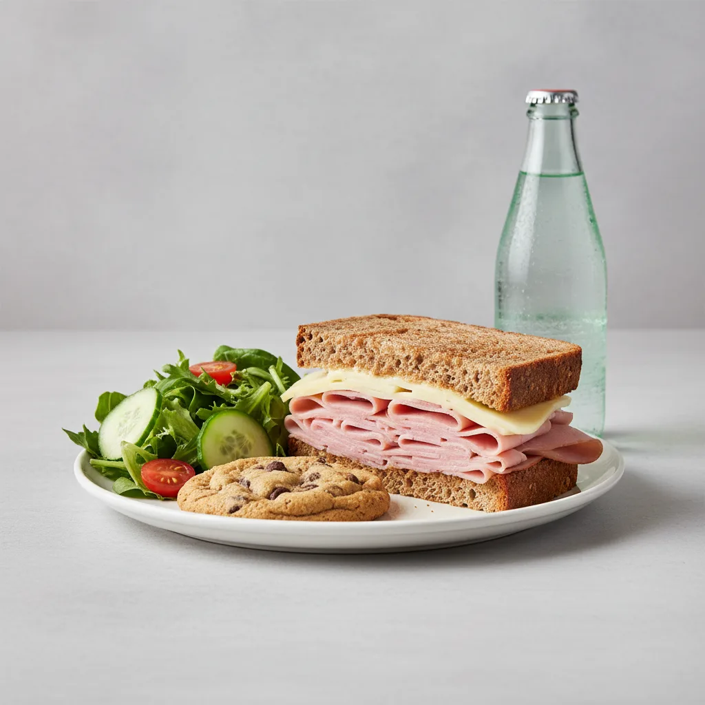 Ham and Cheese Sandwich, House Salad, Cookie, Sparkling Water Ham and Cheese Sandwich, House Salad, Cookie, Sparkling Water