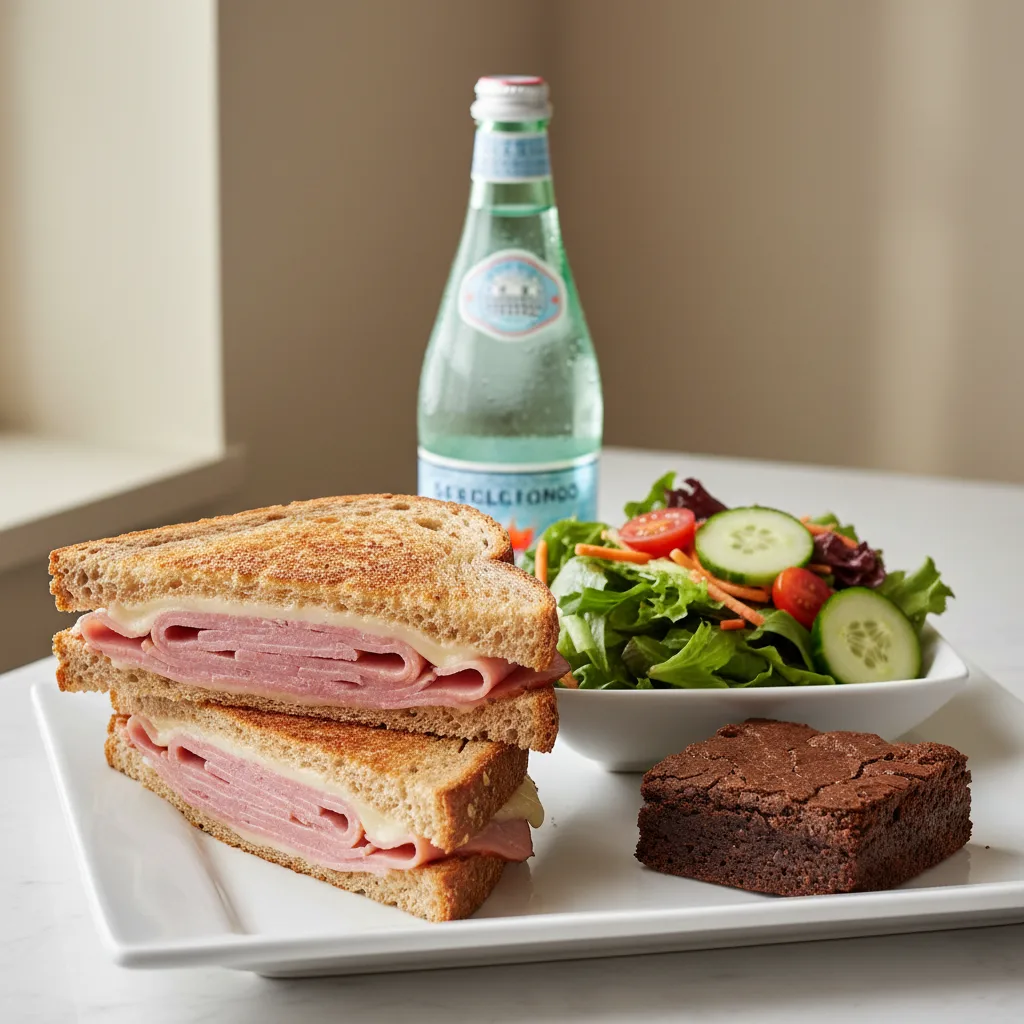 Ham and Cheese Sandwich, House Salad, Brownie, Sparkling Water Ham and Cheese Sandwich, House Salad, Brownie, Sparkling Water