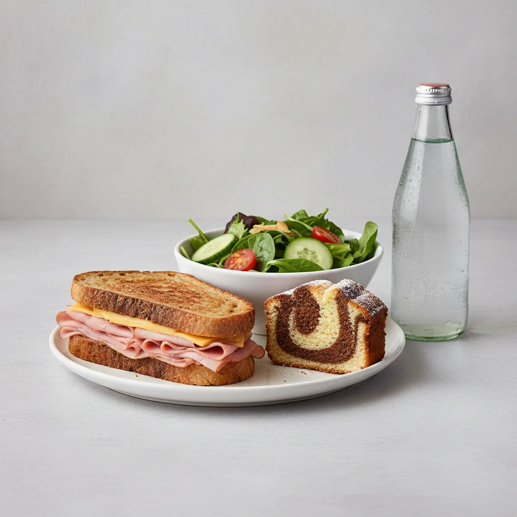 Ham and Cheese Sandwich, House Salad, Poundcake, Sparkling Water Ham and Cheese Sandwich, House Salad, Poundcake, Sparkling Water