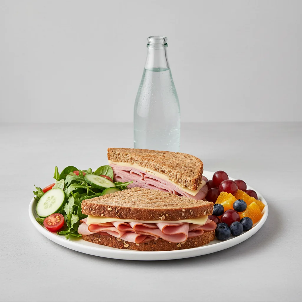Ham and Cheese Sandwich, House Salad, Fruit, Sparkling Water Ham and Cheese Sandwich, House Salad, Fruit, Sparkling Water