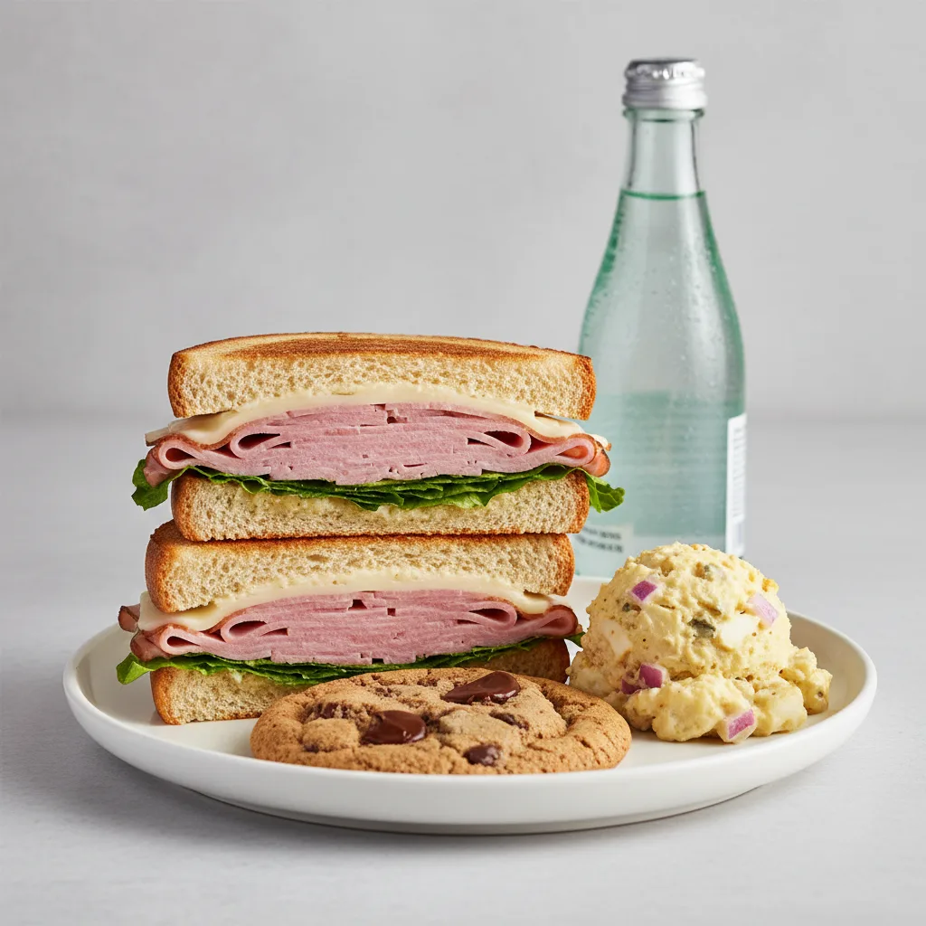 Ham and Cheese Sandwich, Potato Salad, Cookie, Sparkling Water Ham and Cheese Sandwich, Potato Salad, Cookie, Sparkling Water