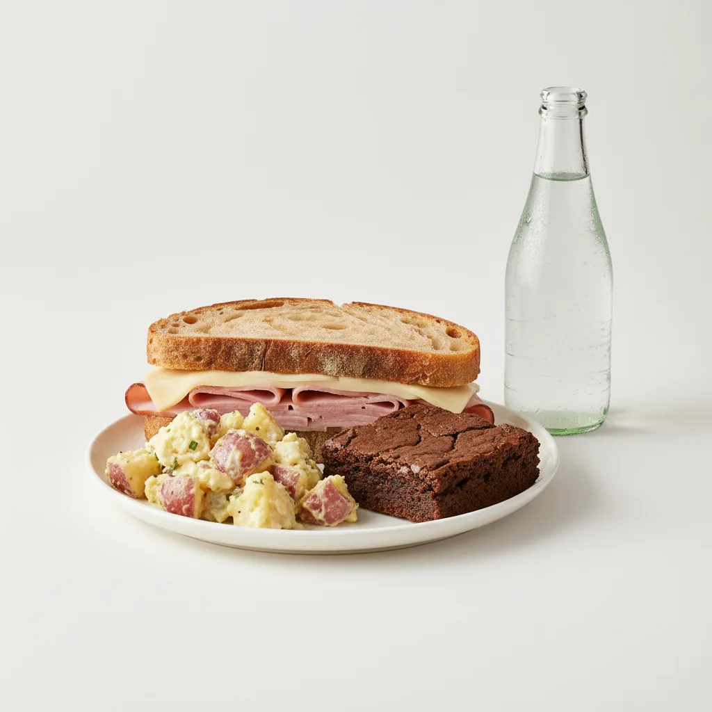 Ham and Cheese Sandwich, Potato Salad, Brownie, Sparkling Water Ham and Cheese Sandwich, Potato Salad, Brownie, Sparkling Water