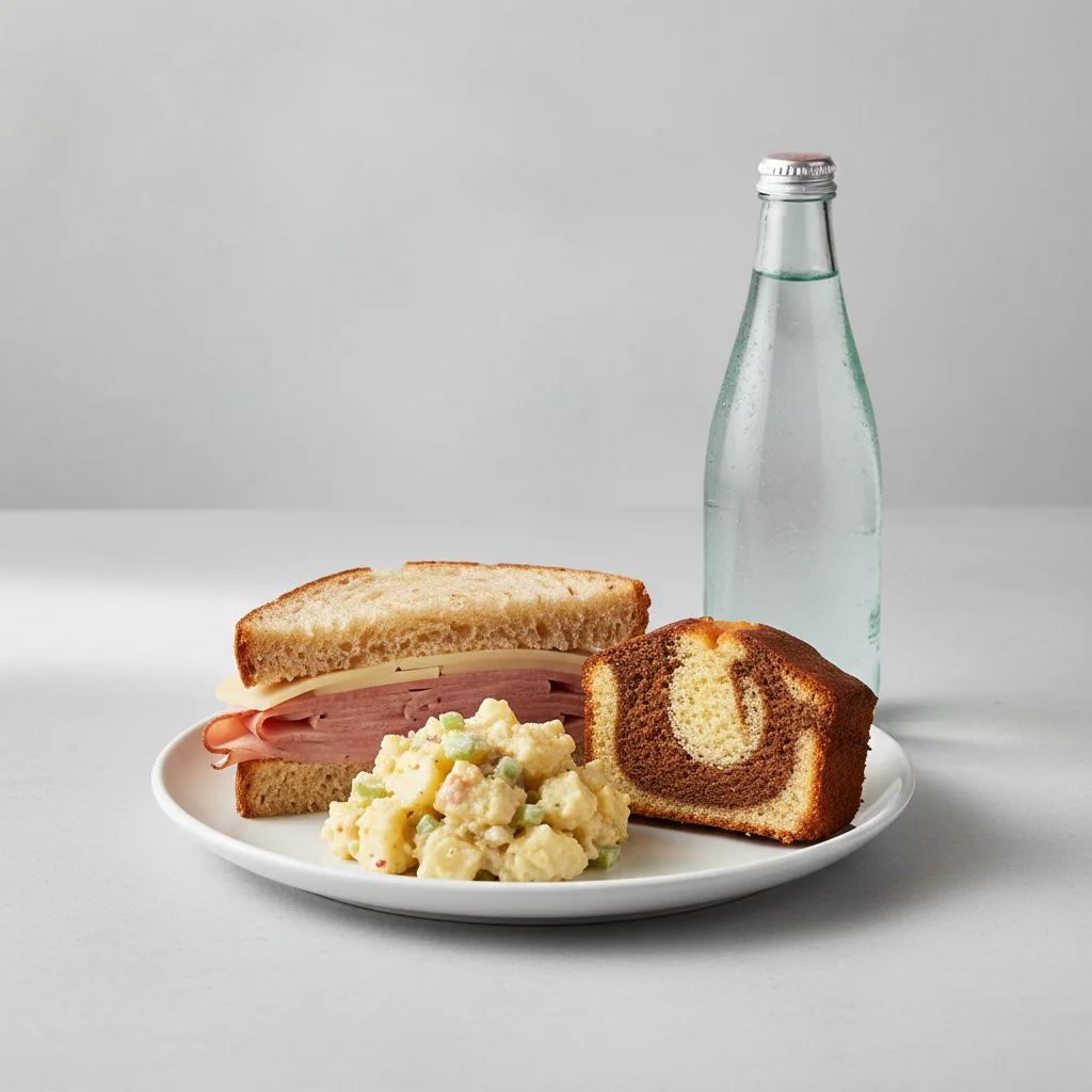 Ham and Cheese Sandwich, Potato Salad, Poundcake, Sparkling Water Ham and Cheese Sandwich, Potato Salad, Poundcake, Sparkling Water
