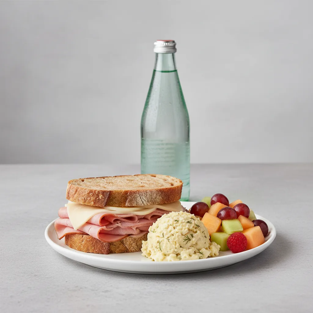 Ham and Cheese Sandwich, Potato Salad, Fruit, Sparkling Water Ham and Cheese Sandwich, Potato Salad, Fruit, Sparkling Water