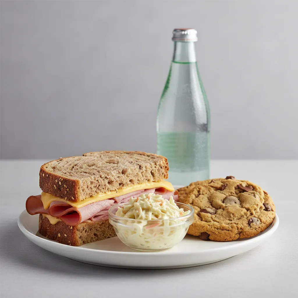 Ham and Cheese Sandwich, Coleslaw, Cookie, Sparkling Water Ham and Cheese Sandwich, Coleslaw, Cookie, Sparkling Water