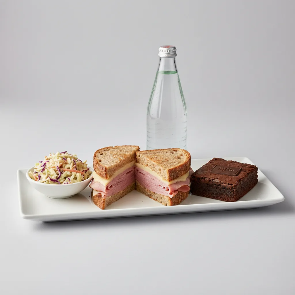 Ham and Cheese Sandwich, Coleslaw, Brownie, Sparkling Water Ham and Cheese Sandwich, Coleslaw, Brownie, Sparkling Water
