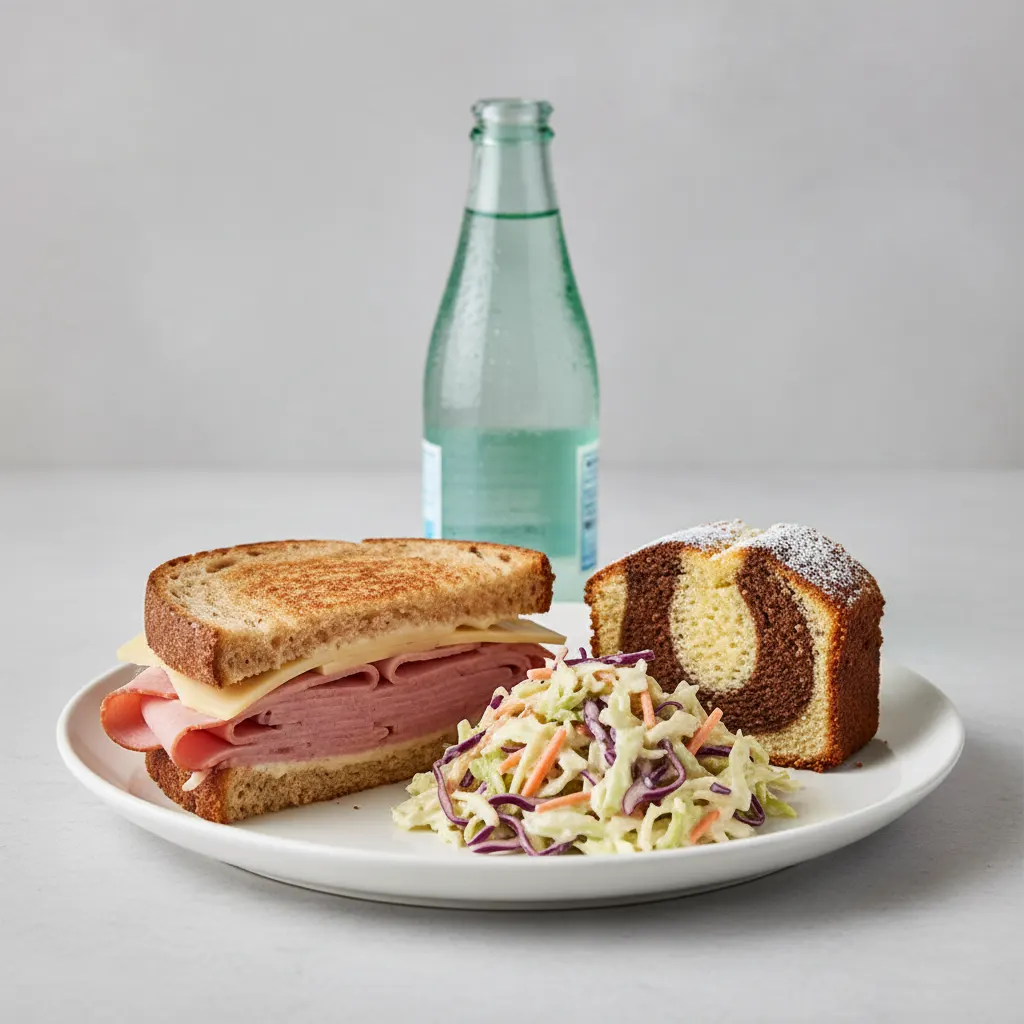 Ham and Cheese Sandwich, Coleslaw, Poundcake, Sparkling Water Ham and Cheese Sandwich, Coleslaw, Poundcake, Sparkling Water
