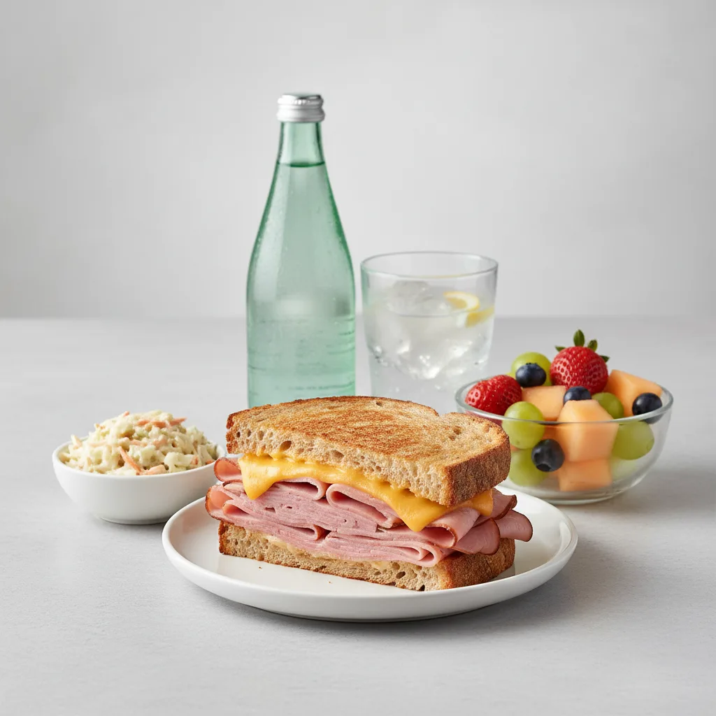 Ham and Cheese Sandwich, Coleslaw, Fruit, Sparkling Water Ham and Cheese Sandwich, Coleslaw, Fruit, Sparkling Water