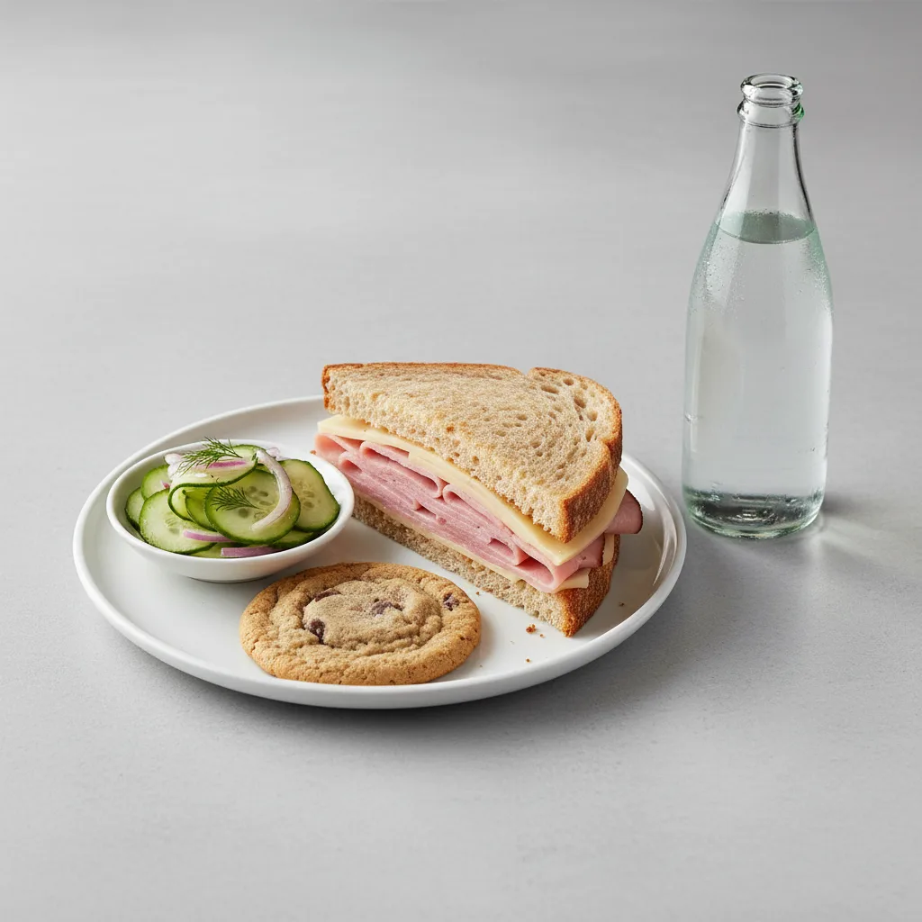 Ham and Cheese Sandwich, Cucumber Salad, Cookie, Sparkling Water Ham and Cheese Sandwich, Cucumber Salad, Cookie, Sparkling Water
