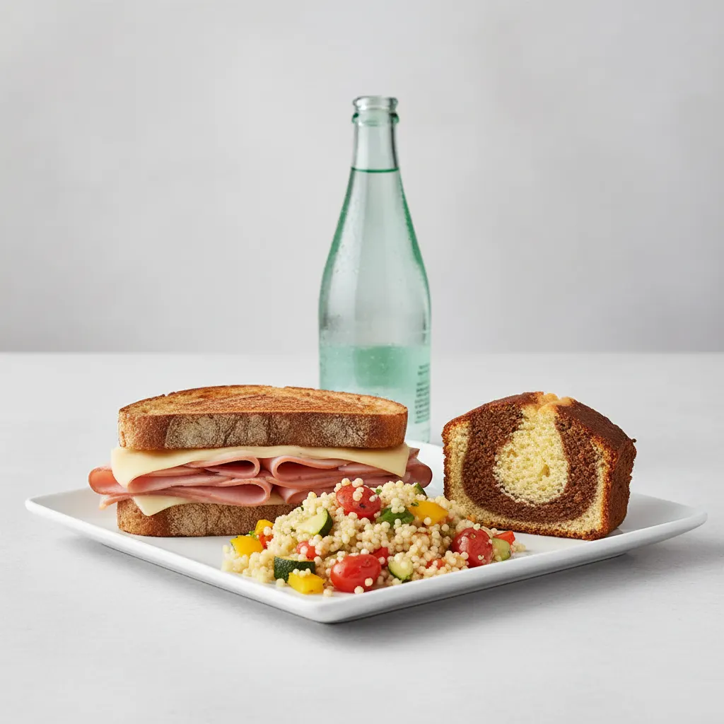 Ham and Cheese Sandwich, Couscous, Poundcake, Sparkling Water Ham and Cheese Sandwich, Couscous, Poundcake, Sparkling Water