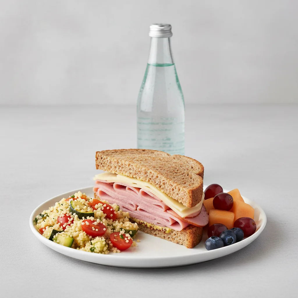 Ham and Cheese Sandwich, Couscous, Fruit, Sparkling Water Ham and Cheese Sandwich, Couscous, Fruit, Sparkling Water