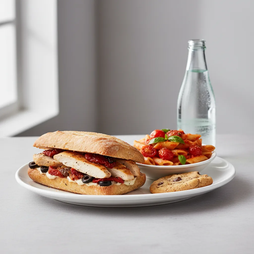 Chicken Provencal Sandwich,Tomato Basil Penn, Cookie, Sparkling Water Chicken Provencal Sandwich,Tomato Basil Penn, Cookie, Sparkling Water