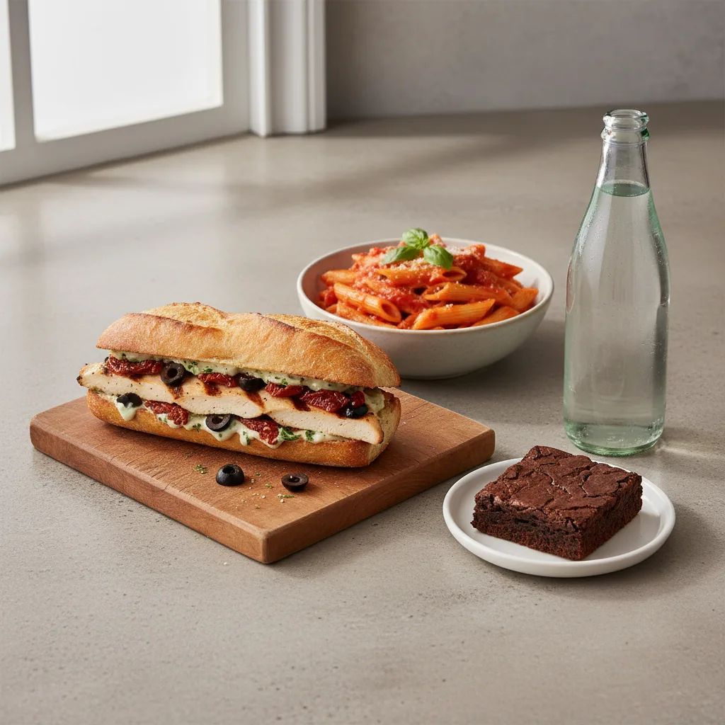 Chicken Provencal Sandwich, Tomato Penne, Brownie, Sparkling Water Chicken Provencal Sandwich, Tomato Penne, Brownie, Sparkling Water