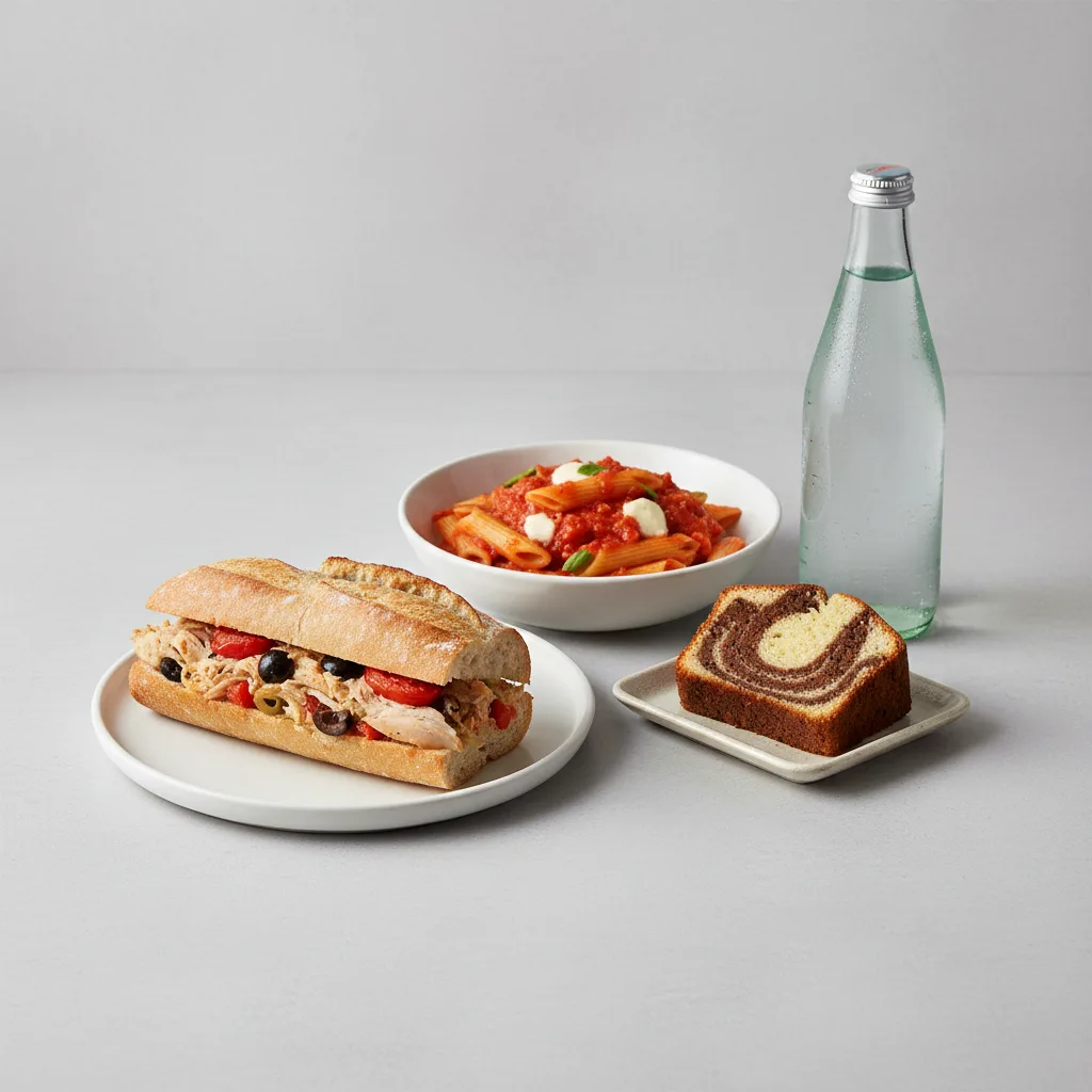 Chicken Provencal Sandwich, Tomato Penne, Poundcake, Sparkling Water Chicken Provencal Sandwich, Tomato Penne, Poundcake, Sparkling Water