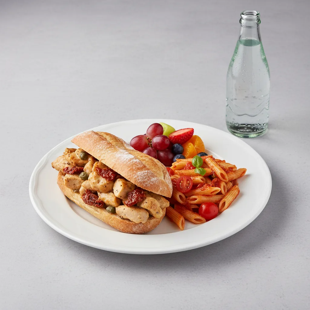 Chicken Provencal Sandwich, Tomato Penne, Fruit, Sparkling Water Chicken Provencal Sandwich, Tomato Penne, Fruit, Sparkling Water