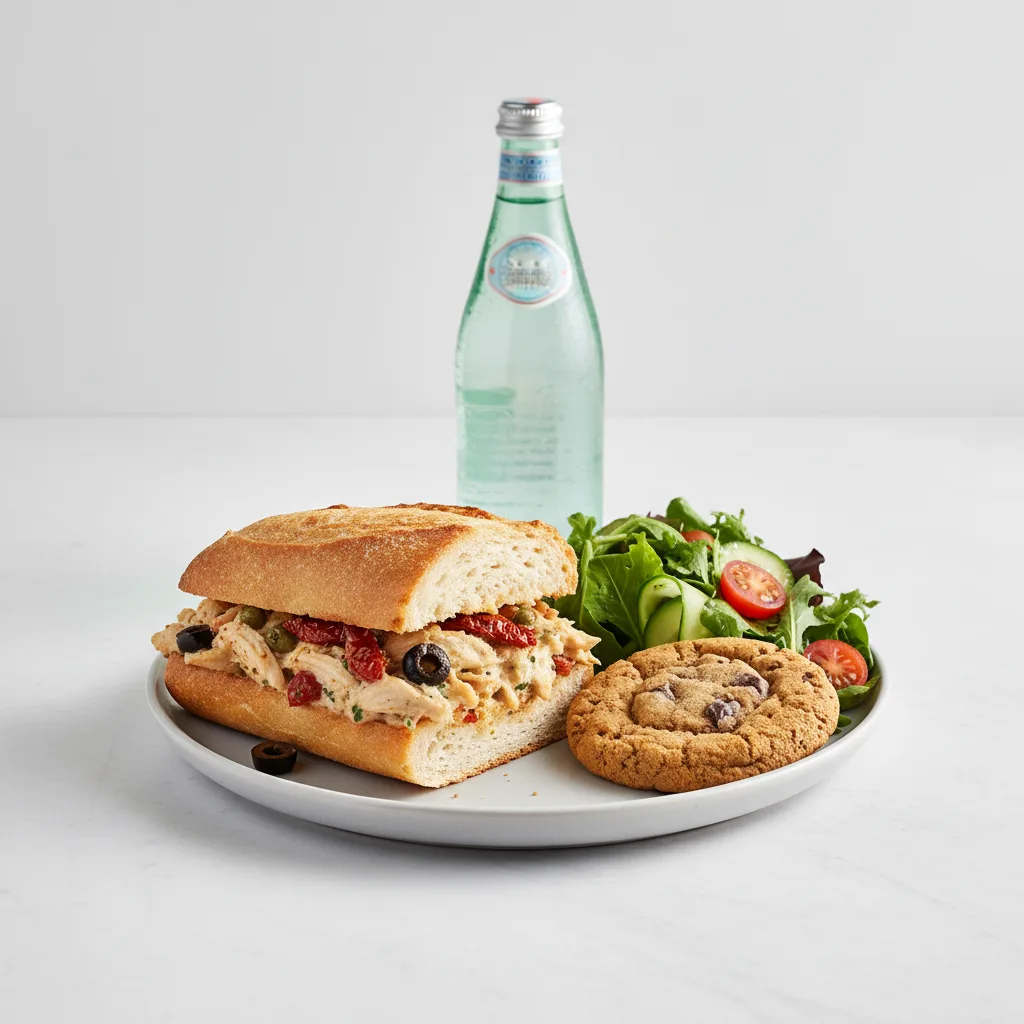 Chicken Provencal Sandwich, House Salad, Cookie, Sparkling Water Chicken Provencal Sandwich, House Salad, Cookie, Sparkling Water