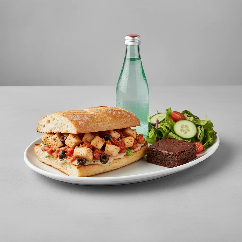 Chicken Provencal Sandwich, House Salad, Brownie, Sparkling Water Chicken Provencal Sandwich, House Salad, Brownie, Sparkling Water
