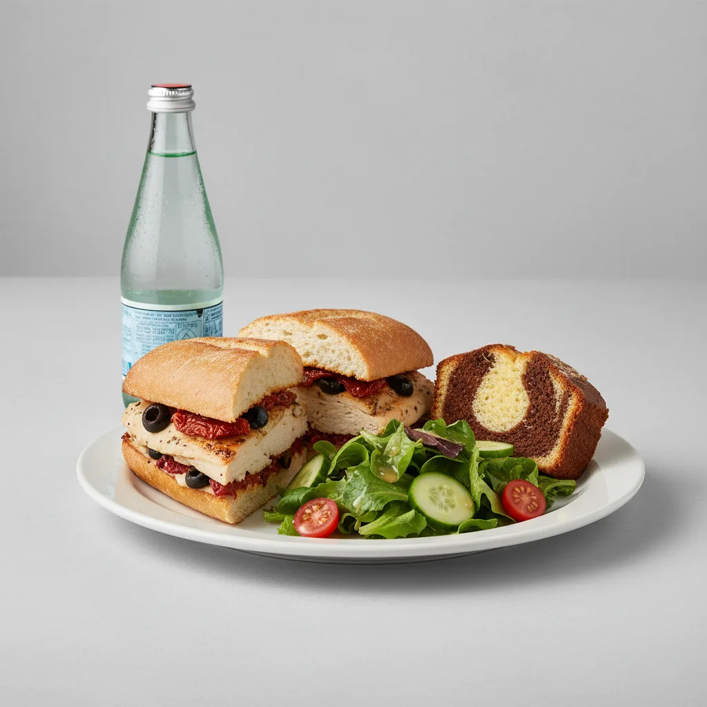 Chicken Provencal Sandwich, House Salad, Poundcake, Sparkling Water Chicken Provencal Sandwich, House Salad, Poundcake, Sparkling Water