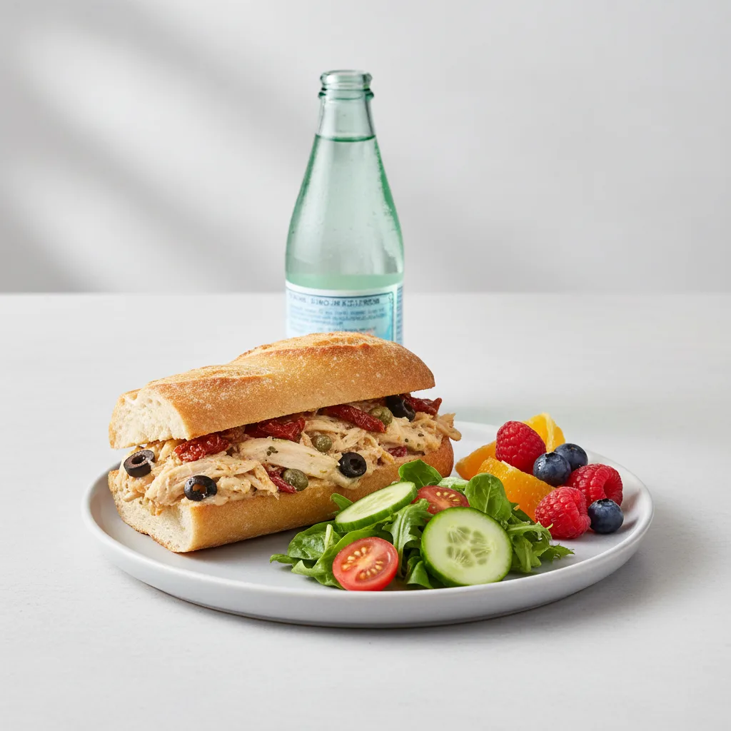 Chicken Provencal Sandwich, House Salad, Fruit, Sparkling Water Chicken Provencal Sandwich, House Salad, Fruit, Sparkling Water