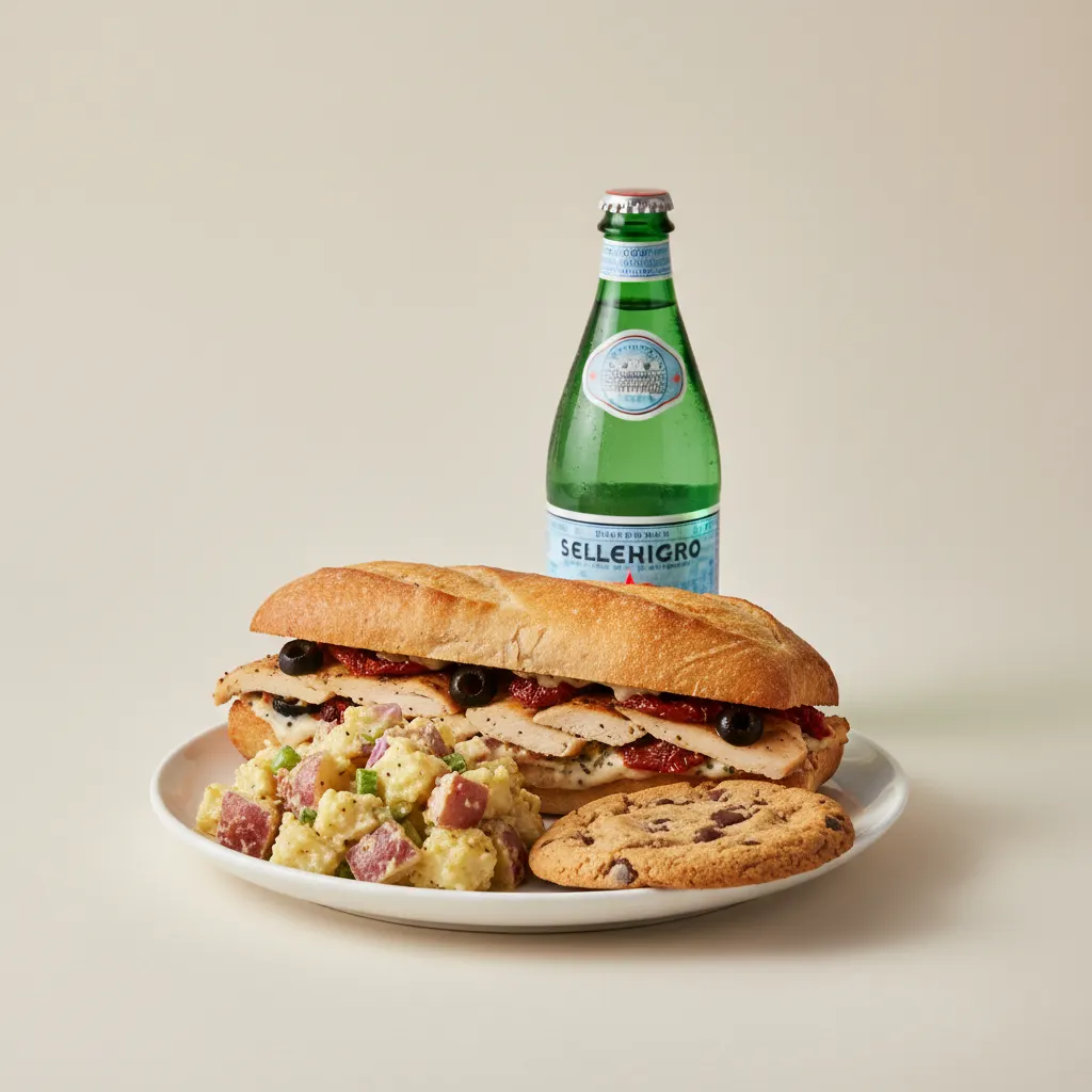 Chicken Provencal Sandwich, Potato House Salad, Cookie, Sparkling Water Chicken Provencal Sandwich, Potato House Salad, Cookie, Sparkling Water