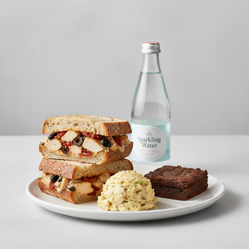 Chicken Provencal Sandwich, Potato House Salad, Brownie, Sparkling Water Chicken Provencal Sandwich, Potato House Salad, Brownie, Sparkling Water
