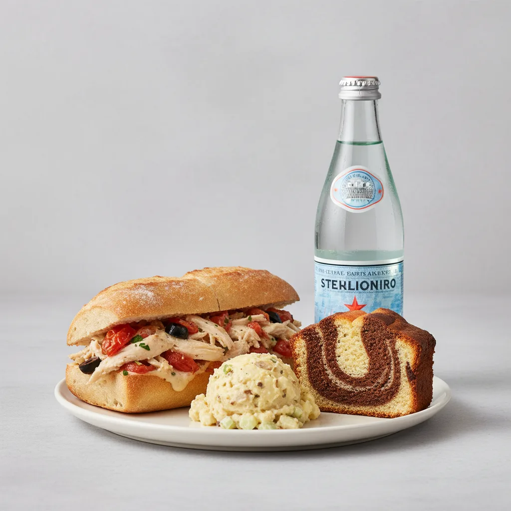 Chicken Provencal Sandwich, Potato House Salad, Poundcake, Sparkling Water Chicken Provencal Sandwich, Potato House Salad, Poundcake, Sparkling Water