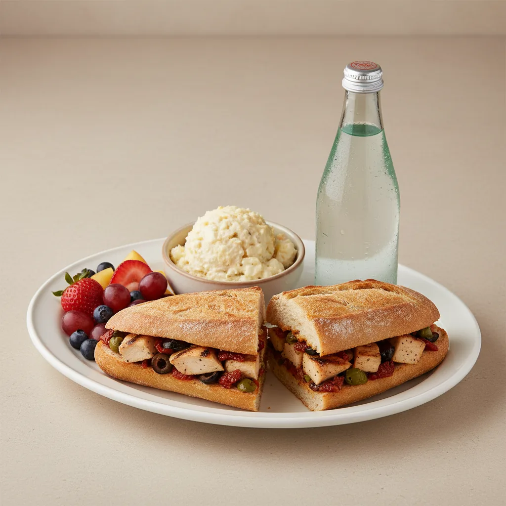 Chicken Provencal Sandwich, Potato House Salad, Fruit, Sparkling Water Chicken Provencal Sandwich, Potato House Salad, Fruit, Sparkling Water