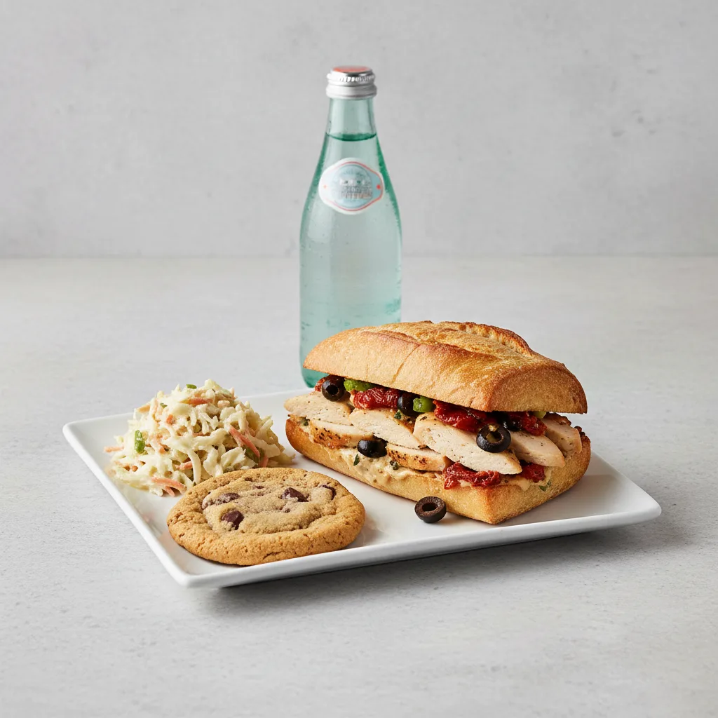 Chicken Provencal Sandwich, Coleslaw, Cookie, Sparkling Water Chicken Provencal Sandwich, Coleslaw, Cookie, Sparkling Water