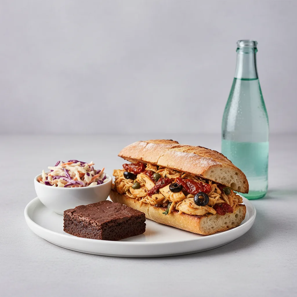 Chicken Provencal Sandwich, Coleslaw, Brownie, Sparkling Water Chicken Provencal Sandwich, Coleslaw, Brownie, Sparkling Water