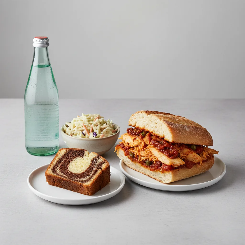 Chicken Provencal Sandwich, Coleslaw, Poundcake, Sparkling Water Chicken Provencal Sandwich, Coleslaw, Poundcake, Sparkling Water