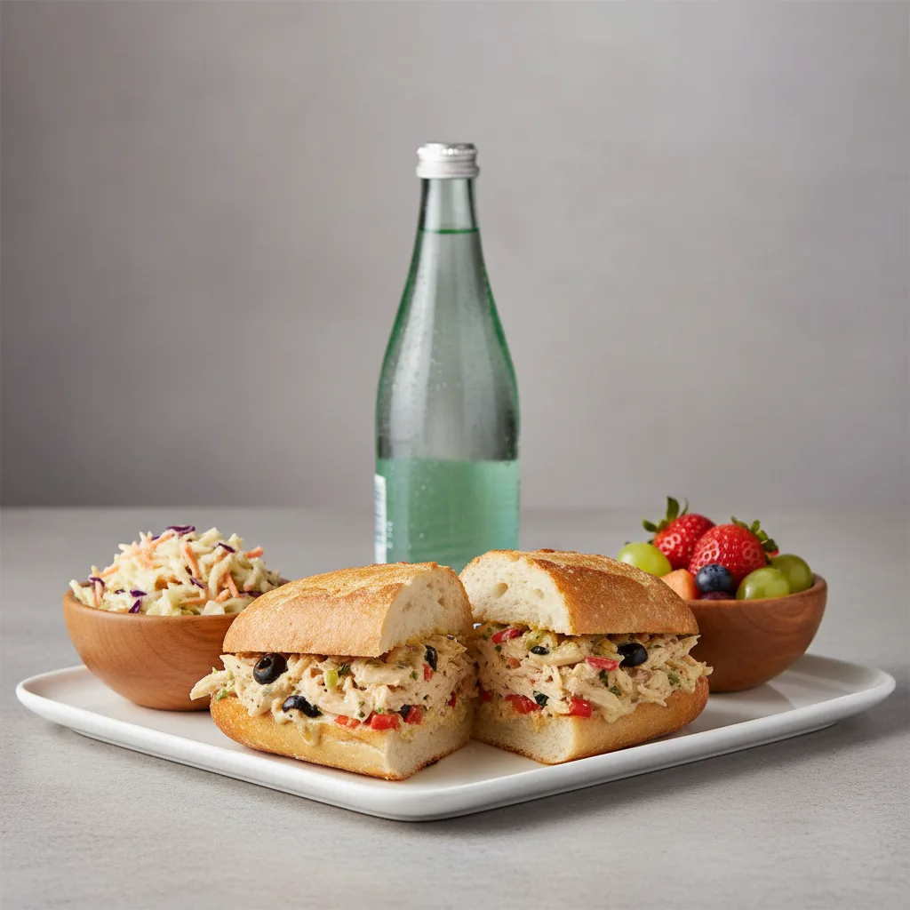 Chicken Provencal Sandwich, Coleslaw, Fruit, Sparkling Water Chicken Provencal Sandwich, Coleslaw, Fruit, Sparkling Water