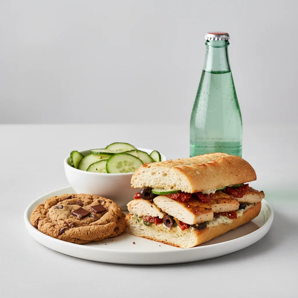 Chicken Provencal Sandwich, Cucumber Salad, Cookie, Sparkling Water Chicken Provencal Sandwich, Cucumber Salad, Cookie, Sparkling Water