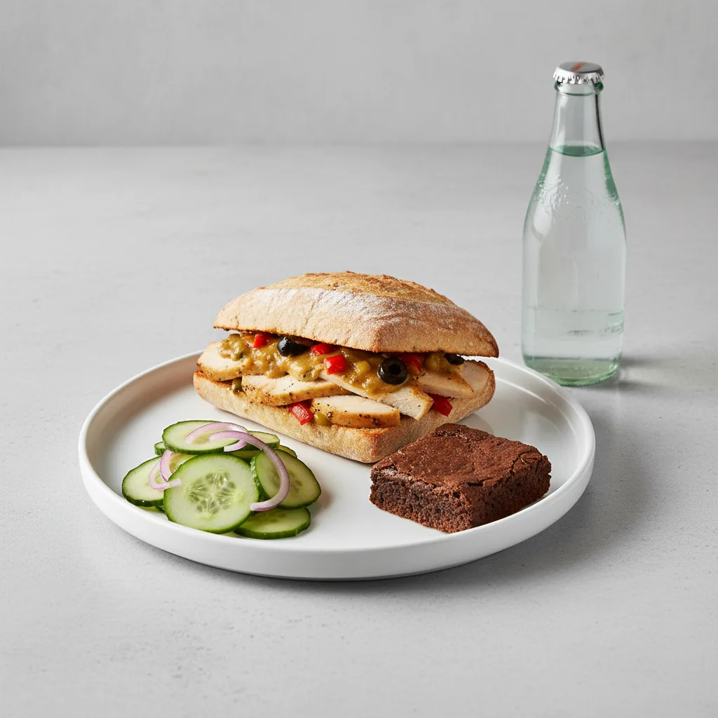 Chicken Provencal Sandwich, Cucumber Salad, Brownie, Sparkling Water Chicken Provencal Sandwich, Cucumber Salad, Brownie, Sparkling Water