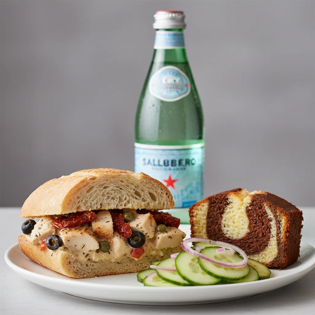 Chicken Provencal Sandwich, Cucumber Salad, Poundcake, Sparkling Water Chicken Provencal Sandwich, Cucumber Salad, Poundcake, Sparkling Water