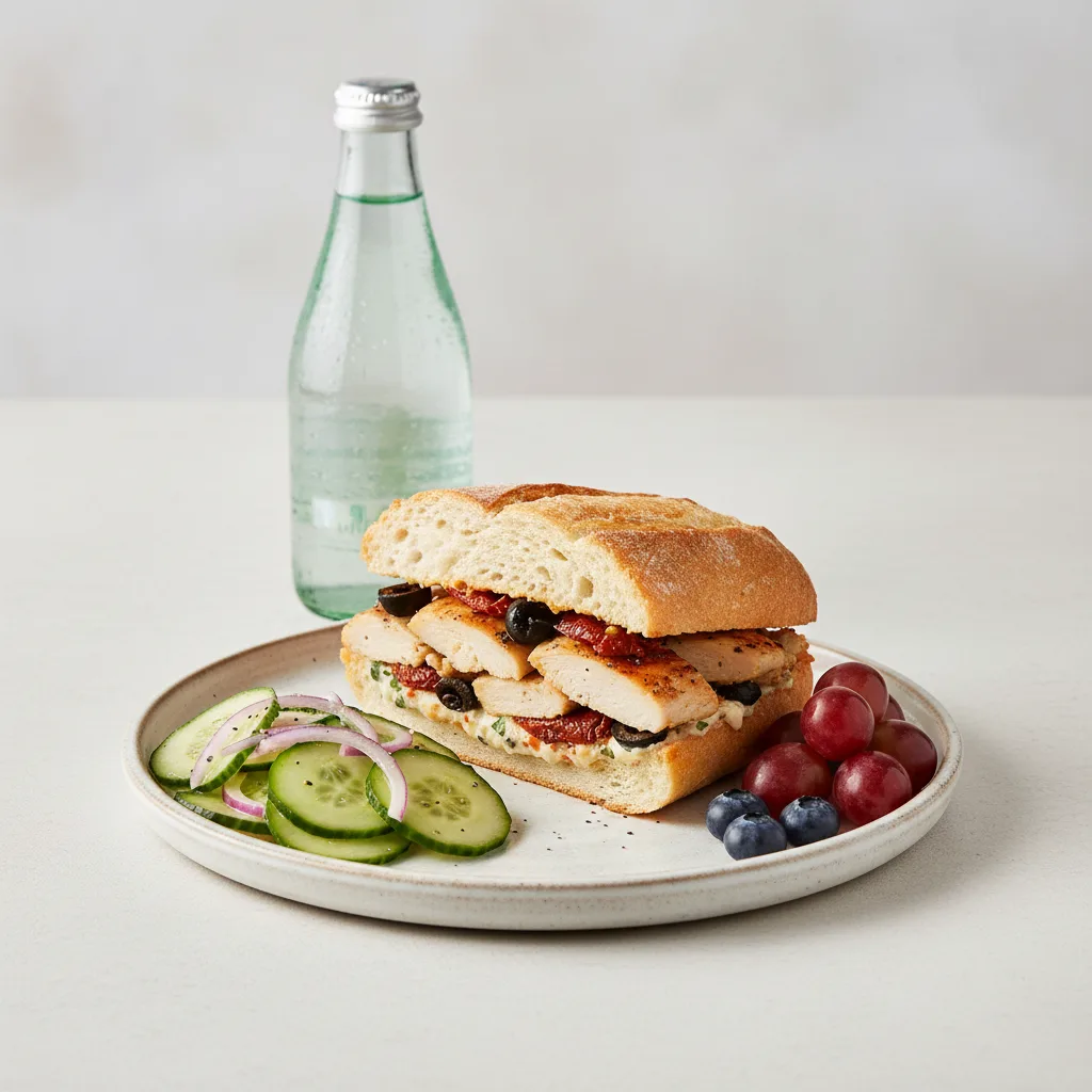 Chicken Provencal Sandwich, Cucumber Salad, Fruit, Sparkling Water Chicken Provencal Sandwich, Cucumber Salad, Fruit, Sparkling Water