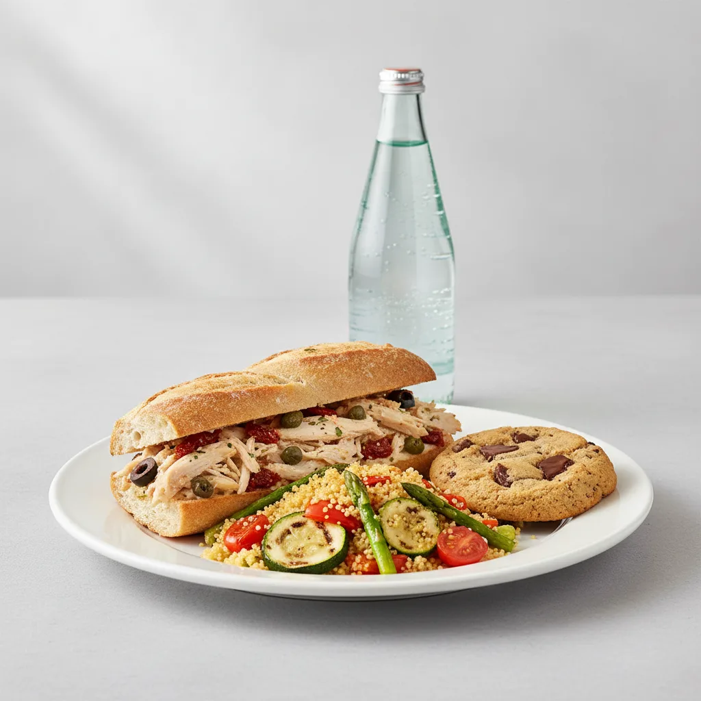 Chicken Provencal Sandwich, Couscous, Cookie, Sparkling Water Chicken Provencal Sandwich, Couscous, Cookie, Sparkling Water