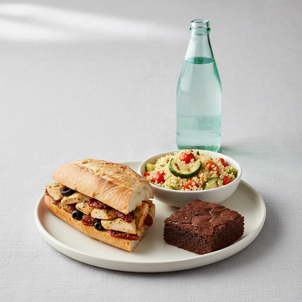 Chicken Provencal Sandwich, Couscous, Brownie, Sparkling Water Chicken Provencal Sandwich, Couscous, Brownie, Sparkling Water