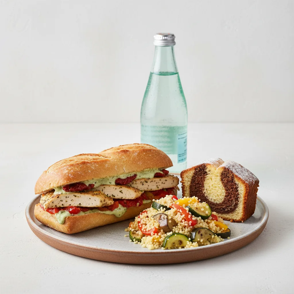 Chicken Provencal Sandwich, Couscous, Poundcake, Sparkling Water Chicken Provencal Sandwich, Couscous, Poundcake, Sparkling Water