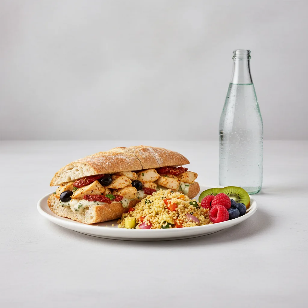 Chicken Provencal Sandwich, Couscous, Fruit, Sparkling Water Chicken Provencal Sandwich, Couscous, Fruit, Sparkling Water