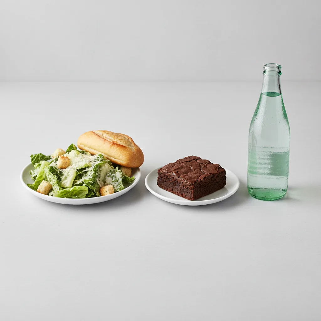 Caesar House Salad, Brownie, Sparkling Water Caesar House Salad, Brownie, Sparkling Water