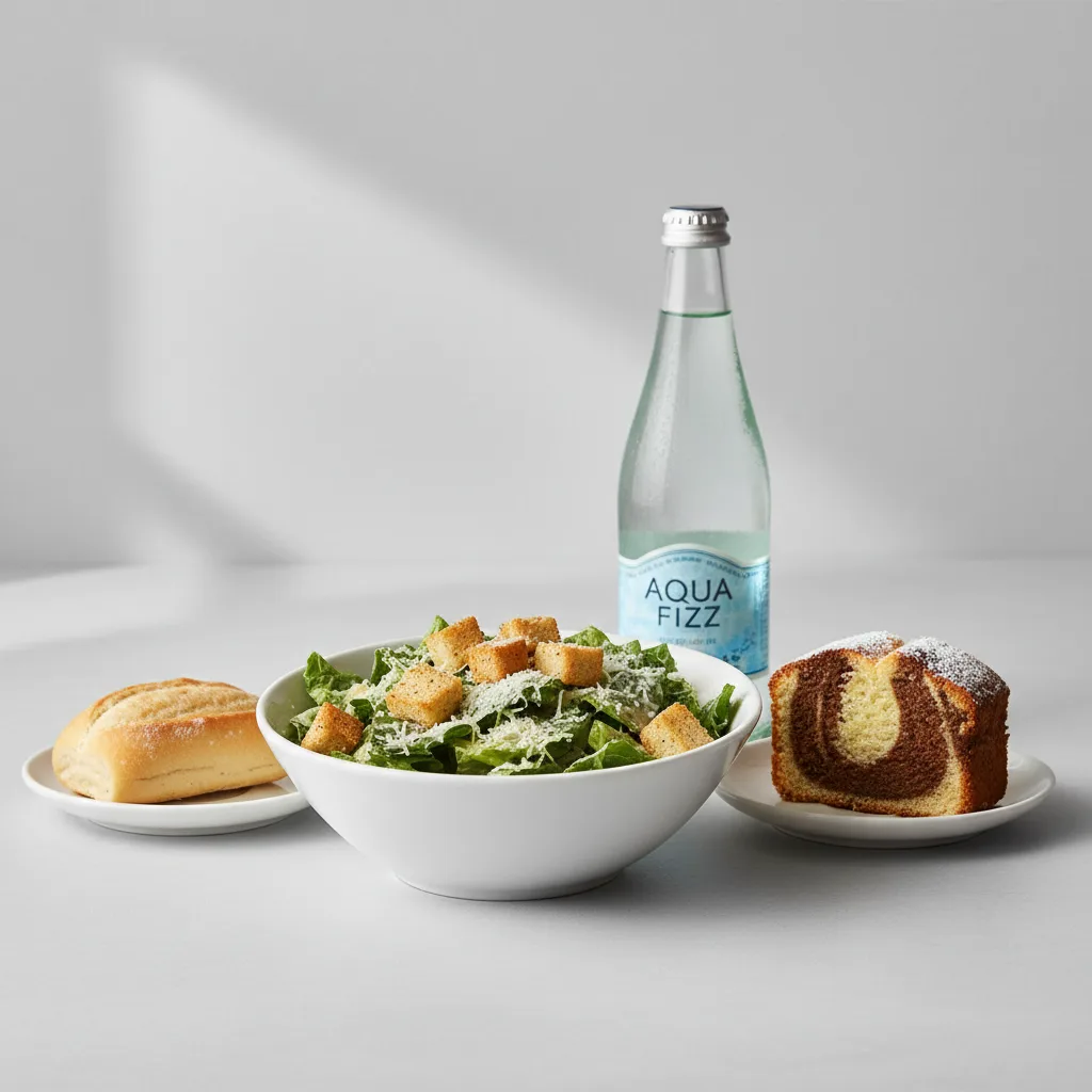 Caesar House Salad, Poundcake, Sparkling Water Caesar House Salad, Poundcake, Sparkling Water